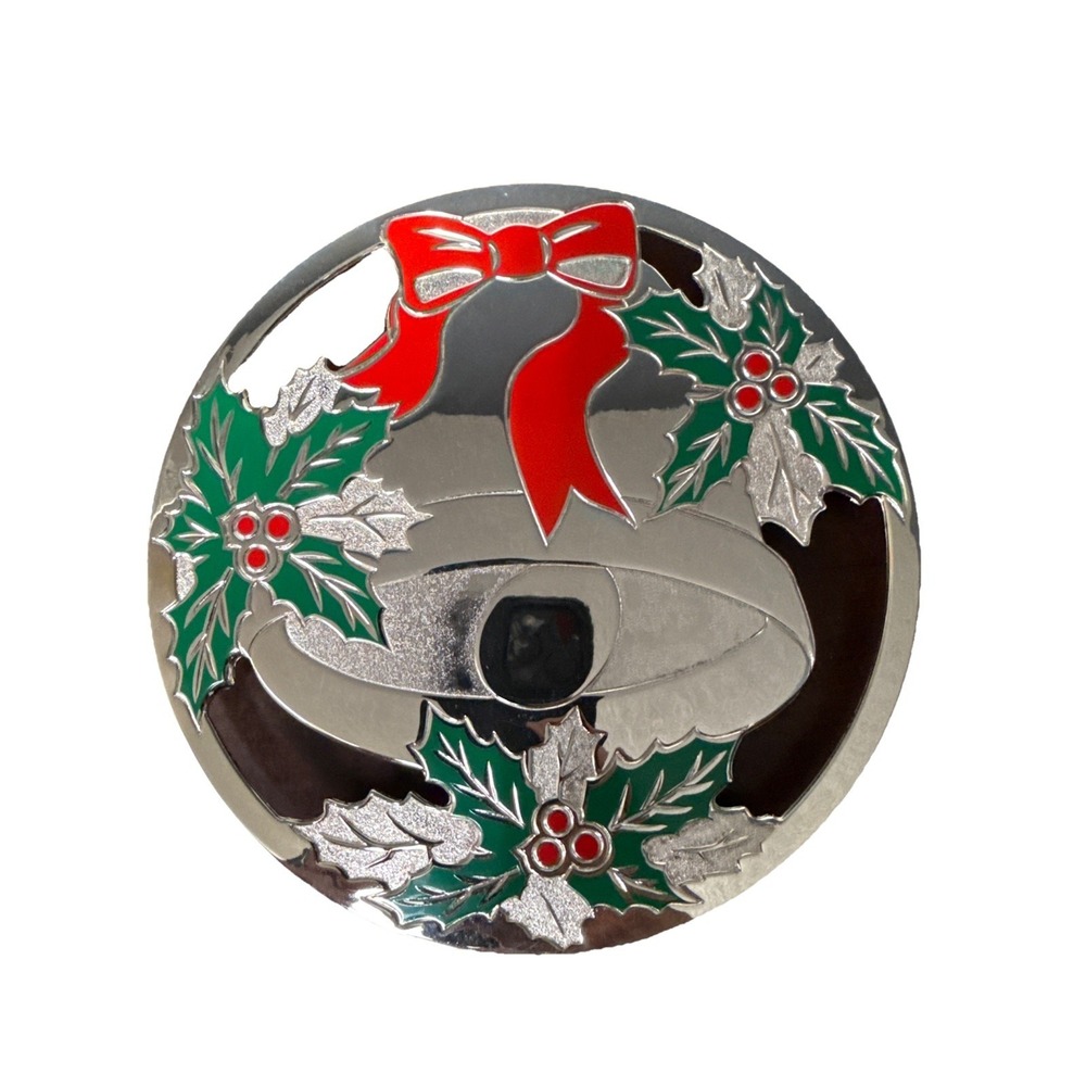 Vintage Holiday Bell Trivet WM A ROGERS LTD Bow Holly 8"